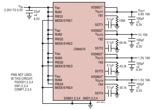 Les IC ébrèchent le régulateur de µModule de quadruple de LTM4670EY avec le tableau de sorties 10A configurable 0
