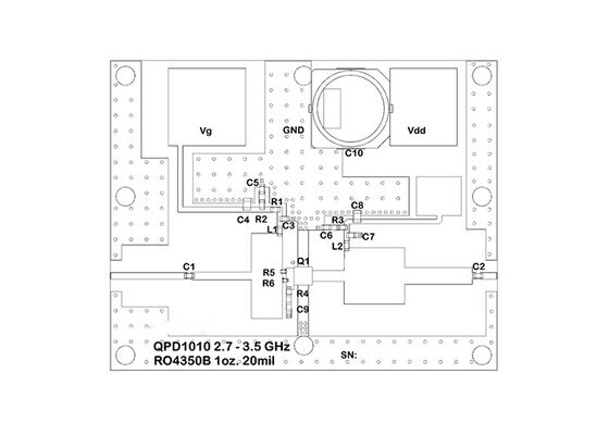 QPD1010EVB01 Solutions embarquées - Carte d'évaluation pour transistor RF GaN 10W 50V DC à 4 GHz