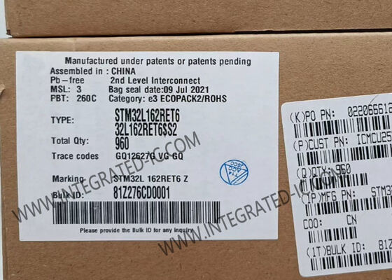 Microcontrôleur STM32L162RET6 MCU avec ARM Cortex-M3 32 MHz, 512 Ko de mémoire Flash et 51 broches d'E/S